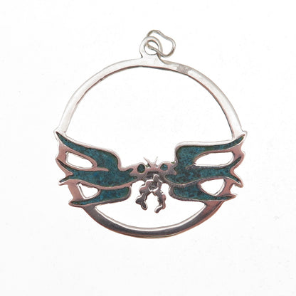 925 Sterling Silver Vintage Real Turquoise Inlay Swallow Birds Charm Pendant