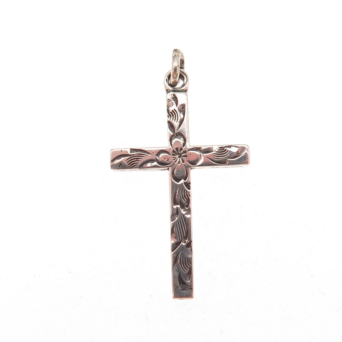 Carl Art Sterling Silver Antique Art Deco Engraved Floral Cross Charm Pendant