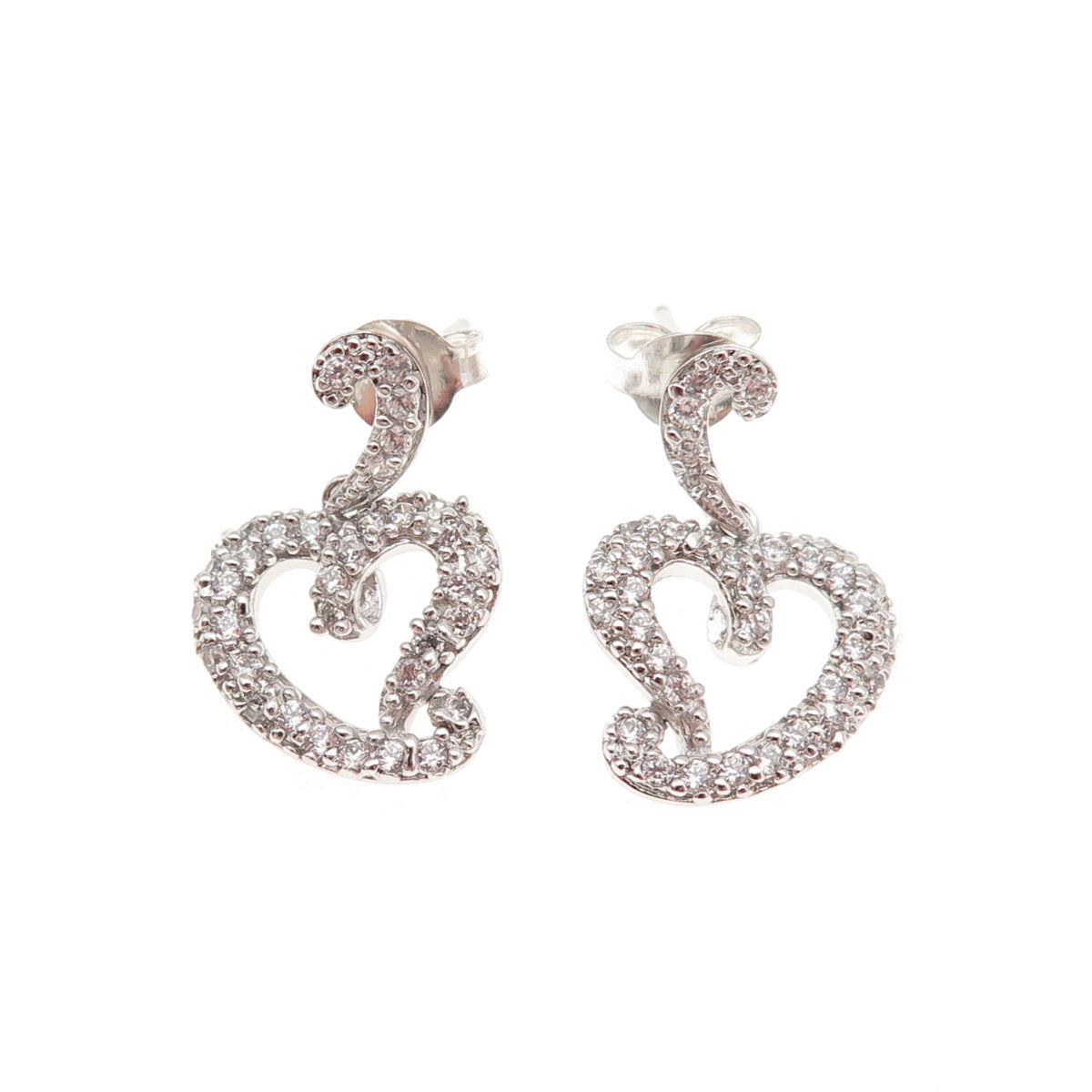 925 Sterling Silver Round-Cut C Z Heart Dangle Earrings