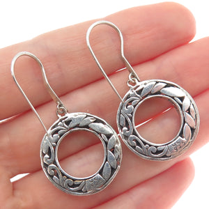 925 Sterling Silver Vintage Floral Ornate Circle Dangle Earrings