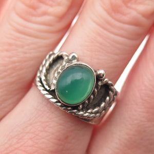 925 Sterling Silver Vintage Real Green Onyx Oxidized Adjustable Ring Size 7.75