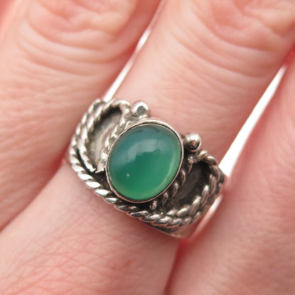 925 Sterling Silver Vintage Real Green Onyx Oxidized Adjustable Ring Size 7.75
