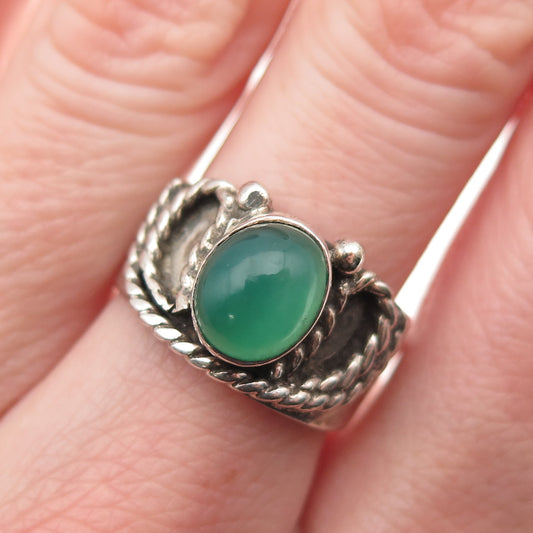925 Sterling Silver Vintage Real Green Onyx Oxidized Adjustable Ring Size 7.75