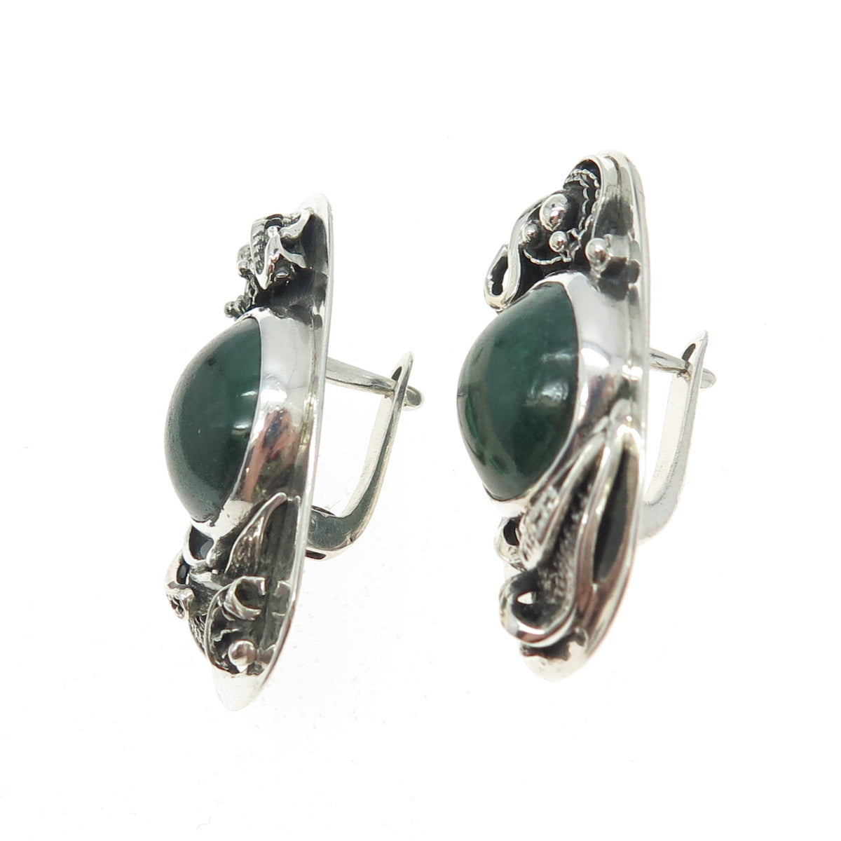 925 Sterling Silver Vintage Real Malachite Modernist Filigree Earrings