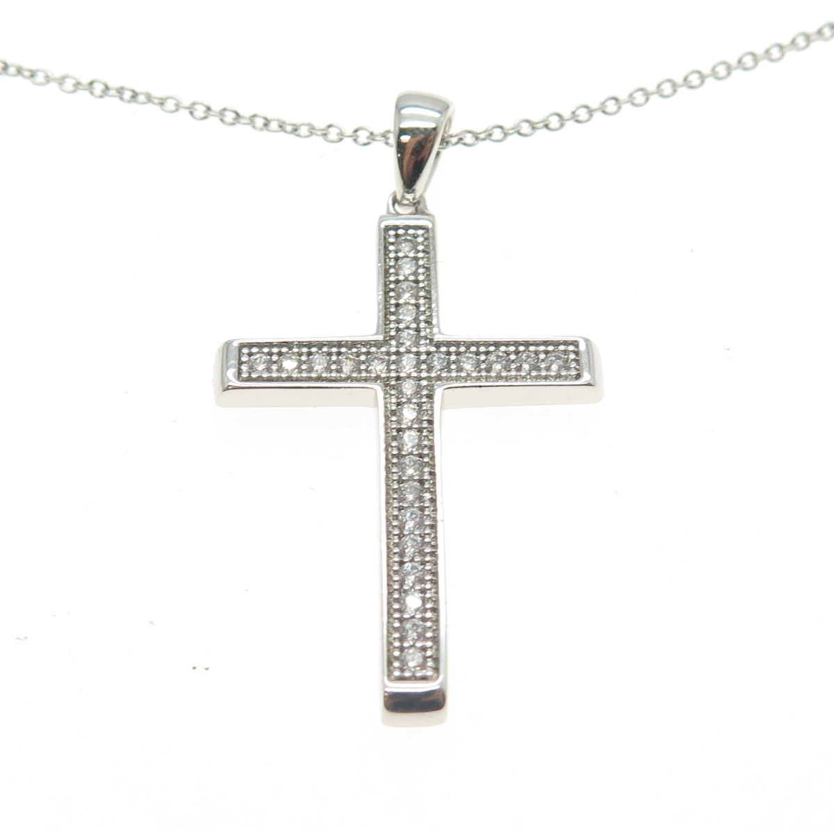 925 Sterling Silver Pave C Z Cross Pendant Rolo Chain Necklace 18"