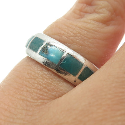 Old Pawn Sterling Silver Southwestern Real Turquoise Wedding Band Ring Size 5.5