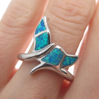 925 Sterling Silver Real Blue Opal Gemstone Whale's Tail Ring Size 5