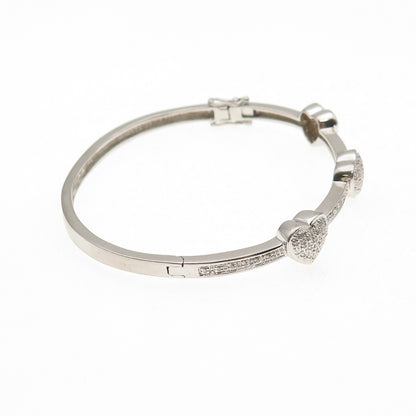 925 Sterling Silver Real Round-Cut Diamond Heart Station Bangle Bracelet 7"