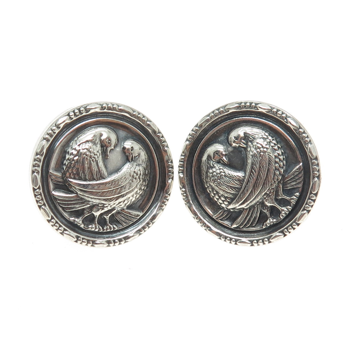 925 Sterling Antique Art Deco Love Doves Birds Reinforced Screw Back Earrings