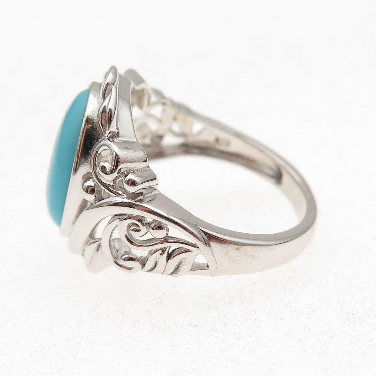 925 Sterling Silver Real Sleeping Beauty Turquoise Floral Ring Size 8.25