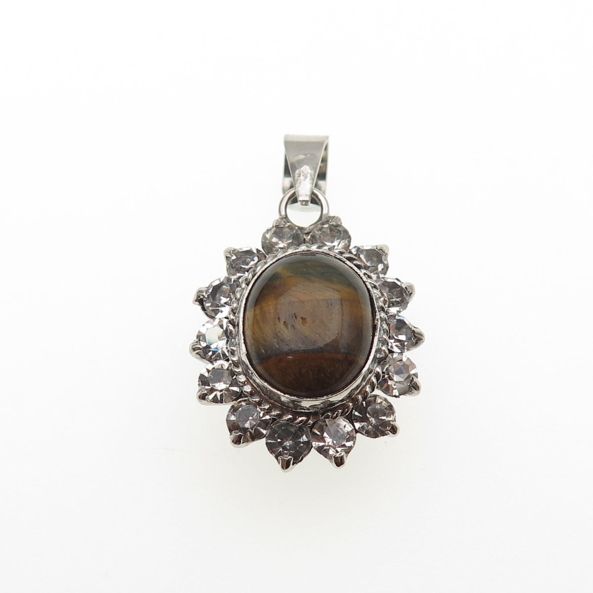 925 Sterling Silver Vintage Real Tiger Eye & Rhinestone Oxidized Charm Pendant