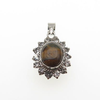 925 Sterling Silver Vintage Real Tiger Eye & Rhinestone Oxidized Charm Pendant