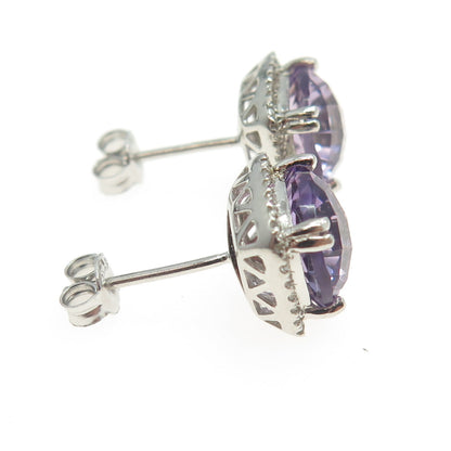 925 Sterling Silver Real Amethyst & C Z Cushion Stud Earrings
