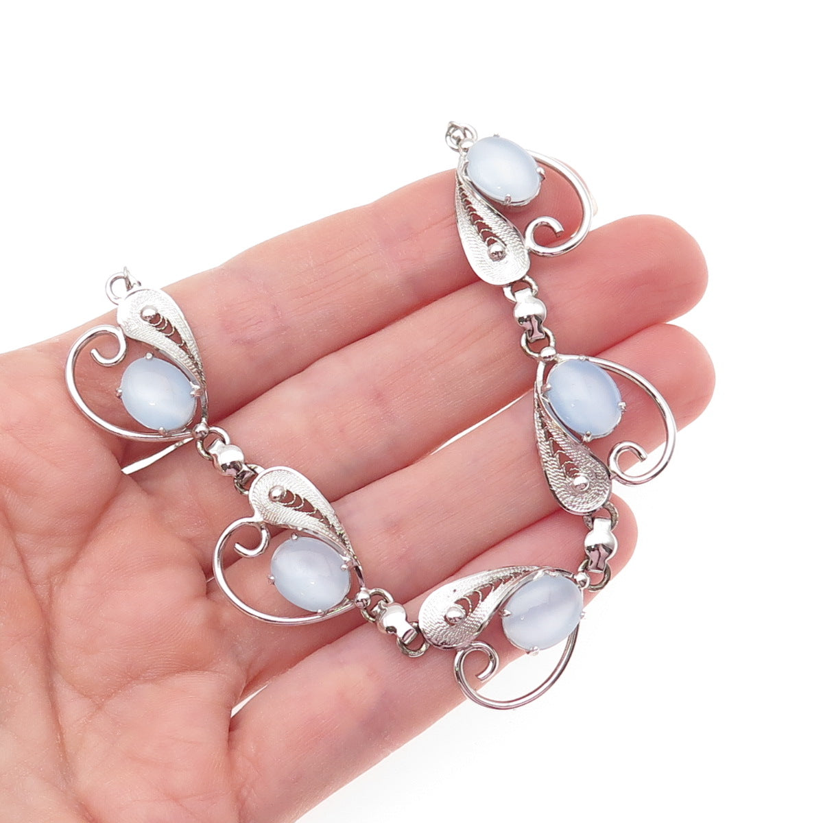 925 Sterling Silver Antique Art Deco Apalite Filigree Chain Necklace 16"