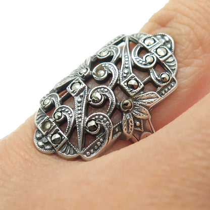 UNCAS 925 Sterling Silver Antique Art Deco Real Marcasite Floral Ring Size 4.25