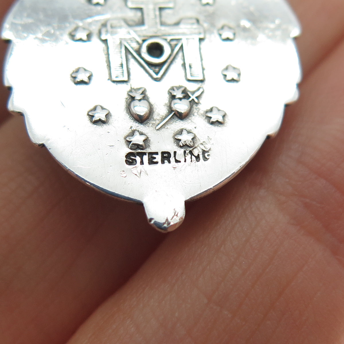 925 Sterling Silver Antique Art Deco Bohemian Glass St. Mary Charm Pendant