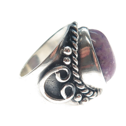 925 Sterling Silver Vintage Real Pear-Cut Sugilite Heart Oxidized Ring Size 8.5