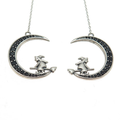 925 Sterling Silver Black Spinel Gem Crescent Moon & Witch Dangling Earrings