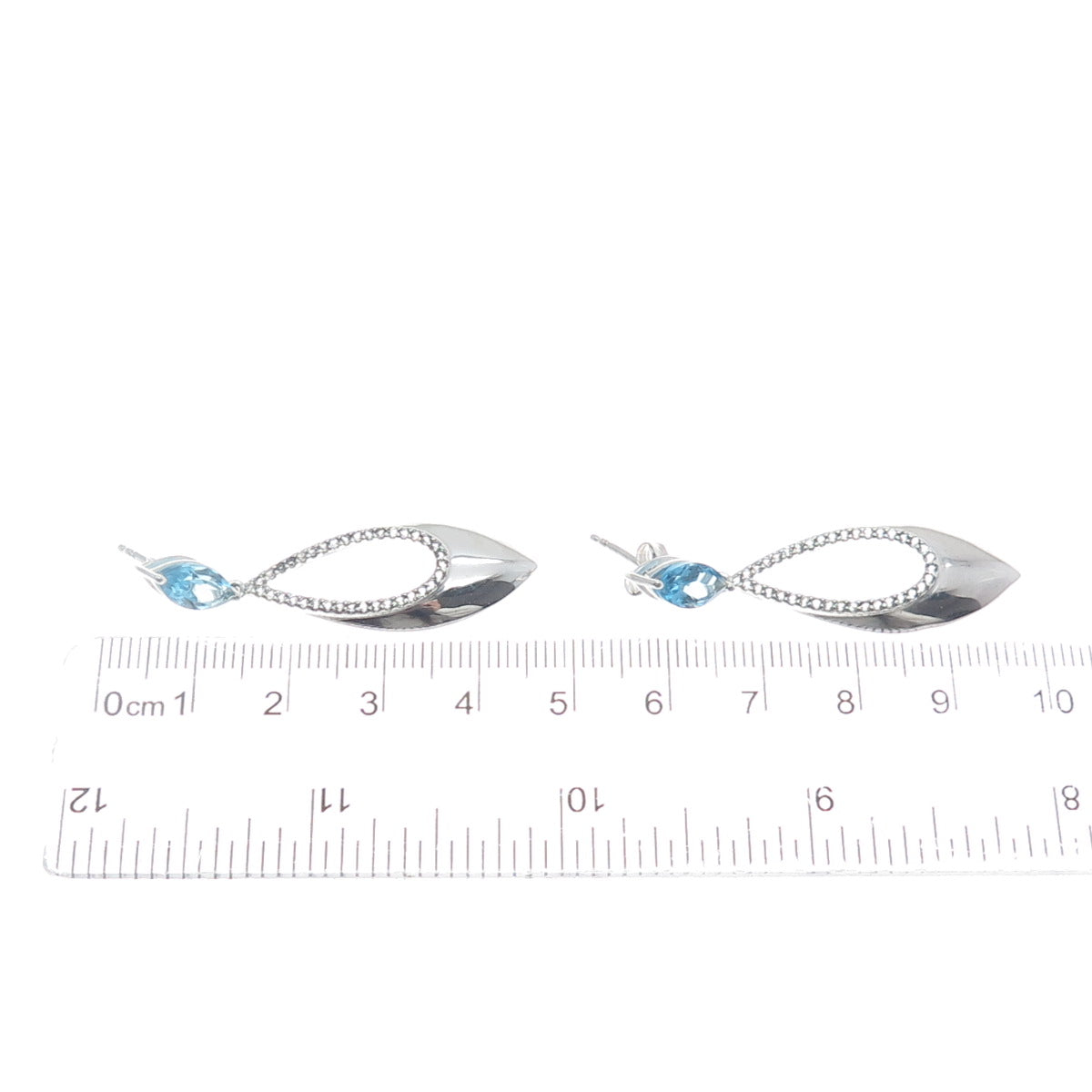 925 Sterling Silver Real Marquise-Cut Blue Round-Cut White Topaz Dangle Earrings