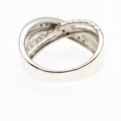 925 Sterling Silver Real Round-Cut Diamond Crisscross Ring Size 7.25