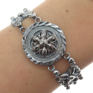925 Sterling Silver Antique Art Deco Floral Link Oxidized Bracelet 7"