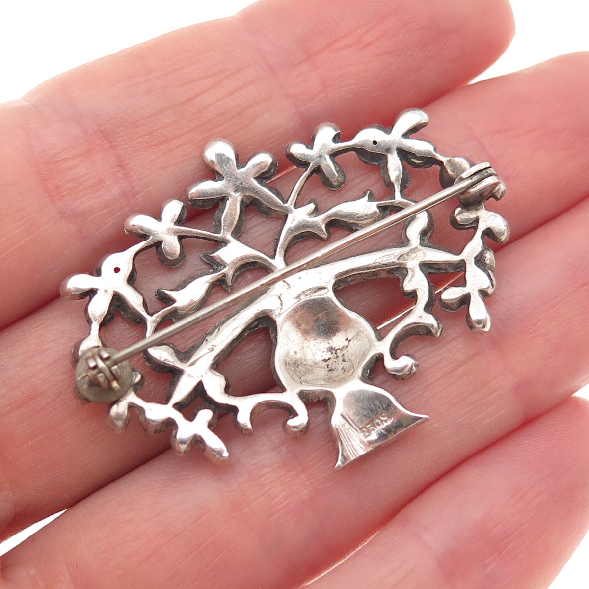 830S Silver Antique Germany Marcasite & Rhinestone Pin Brooch (missing 2 stones)