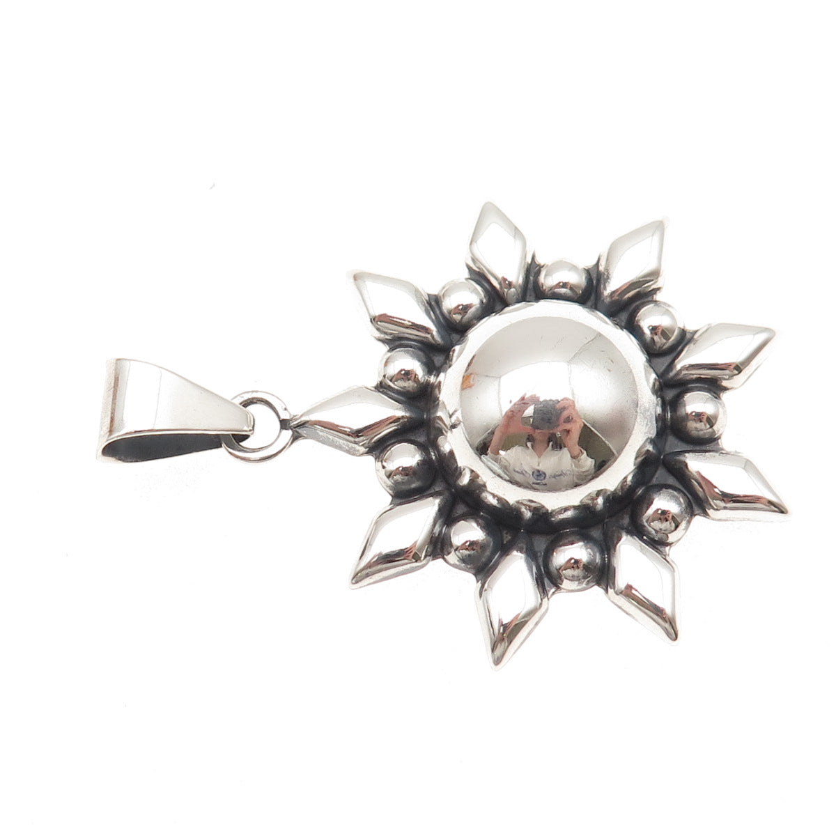 925 Sterling Silver Vintage CII Mexico Sun Beaded Oxidized Pendant