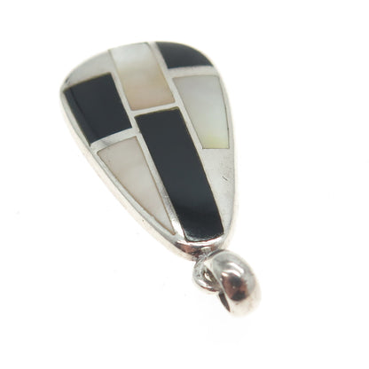 925 Sterling Silver Vintage Mother-of-Pearl & Black Onyx Gem Inlay Pendant