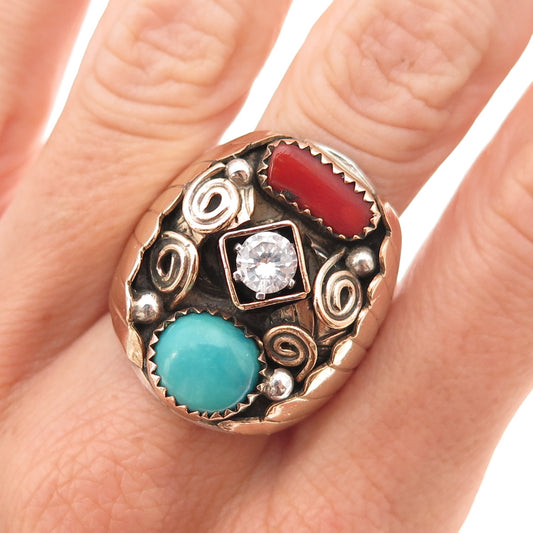 Old Pawn 925 Sterling Silver 2-Tone Vintage Turquoise Coral & C Z Ring Size 10