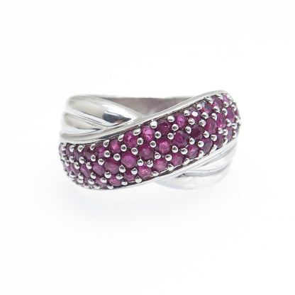 925 Sterling Silver Real Round-Cut Ruby Crisscross Ring Size 8.25