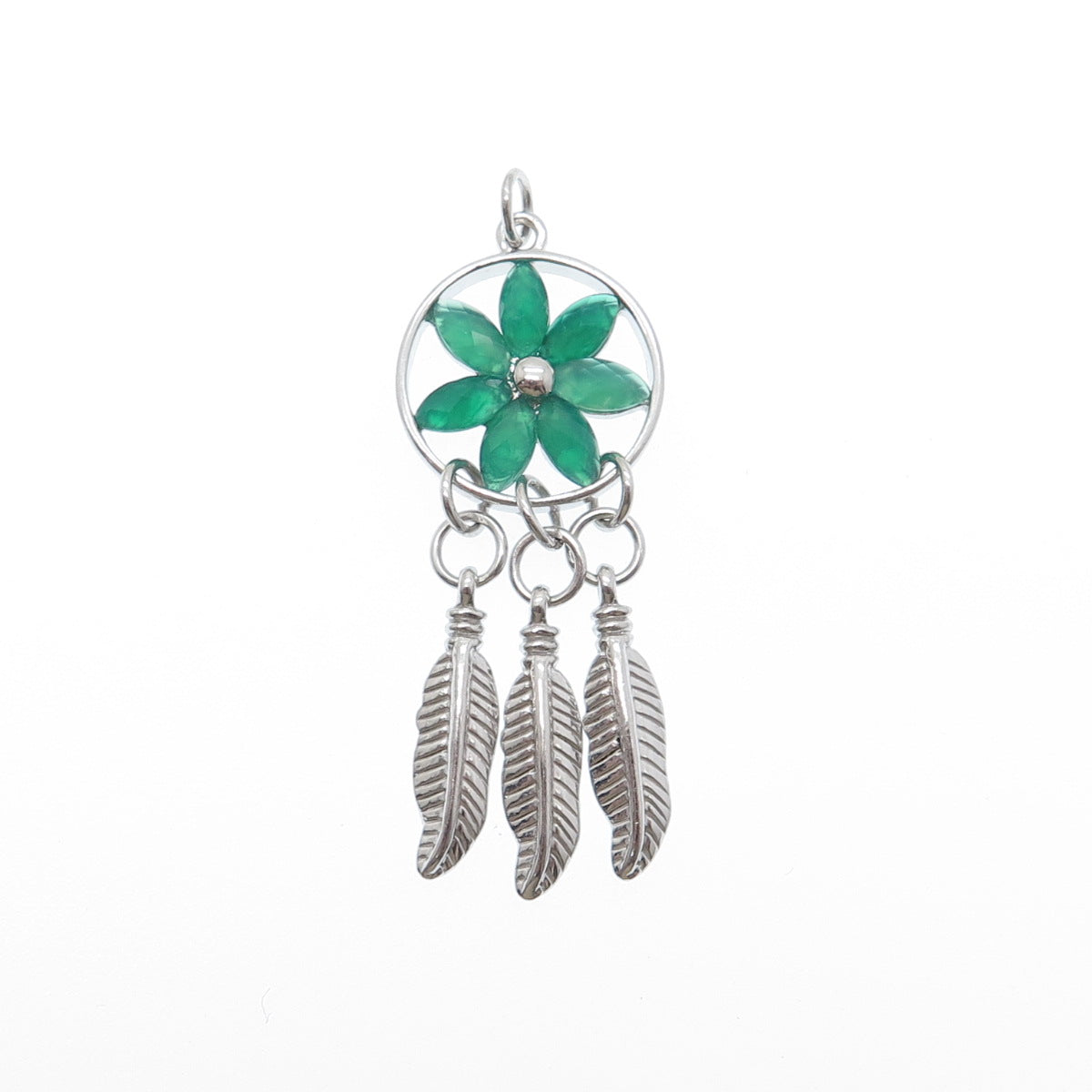 925 Sterling Silver Real Green Chalcedony Dreamcatcher Charm Pendant