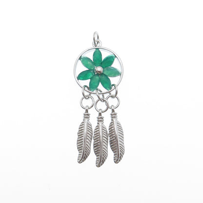 925 Sterling Silver Real Green Chalcedony Dreamcatcher Charm Pendant