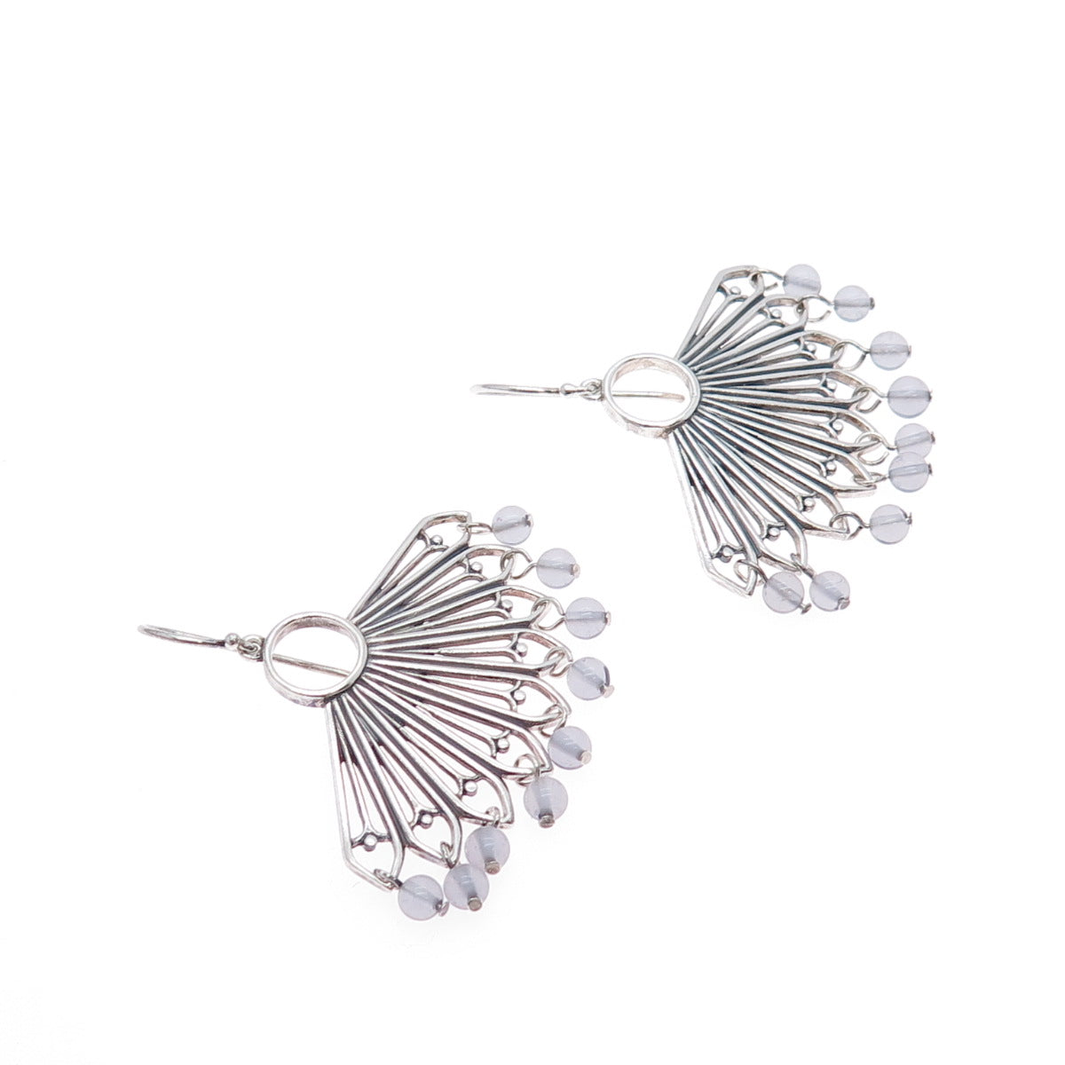 925 Sterling Silver Vintage Clear Crystal Modernist Fan Oxidized Earrings
