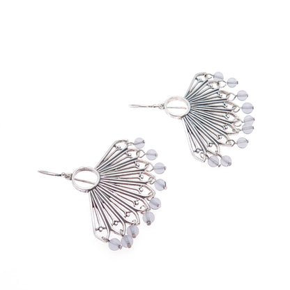 925 Sterling Silver Vintage Clear Crystal Modernist Fan Oxidized Earrings