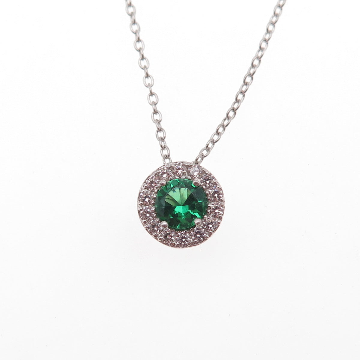 925 Sterling Silver Round-Cut Green & White C Z Cable Chain Necklace 18"