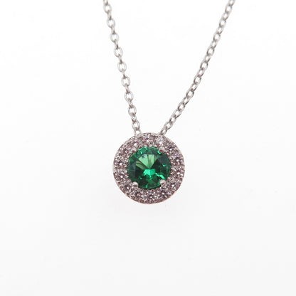 925 Sterling Silver Round-Cut Green & White C Z Cable Chain Necklace 18"