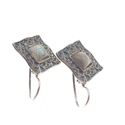 DIDAE 925 Sterling Silver Vintage Israel Real Labradorite Oxidized Earrings