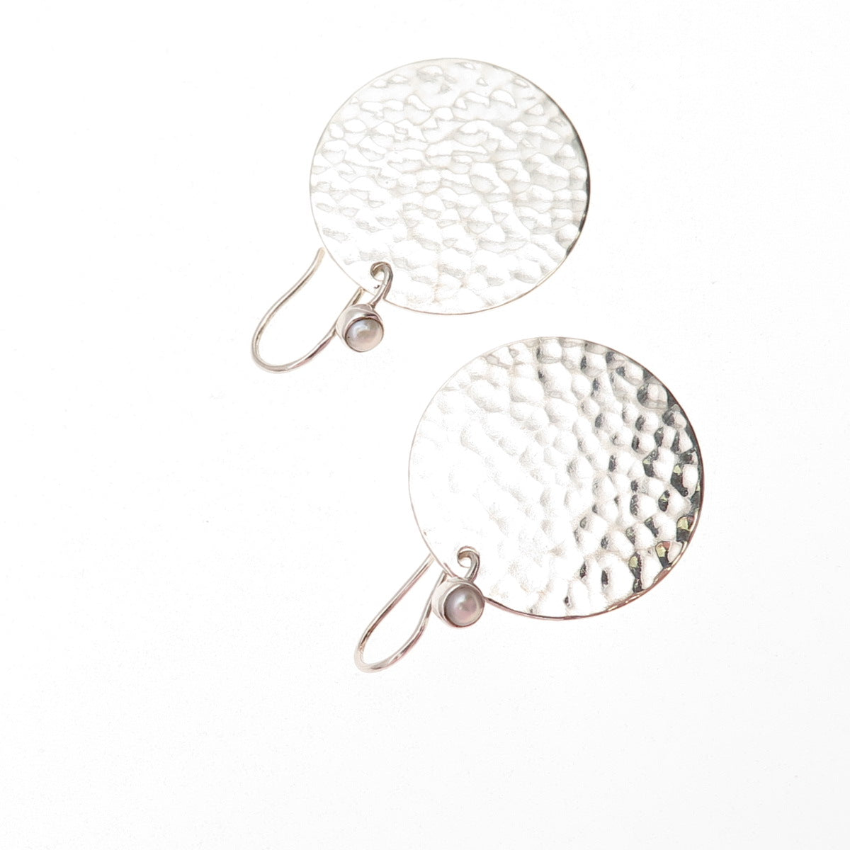 925 Sterling Silver Real Pearl Hammered Disc Dangle Earrings