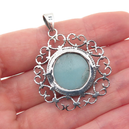 925 Sterling Silver Vintage Real Amazonite Heart Ornate Charm Pendant