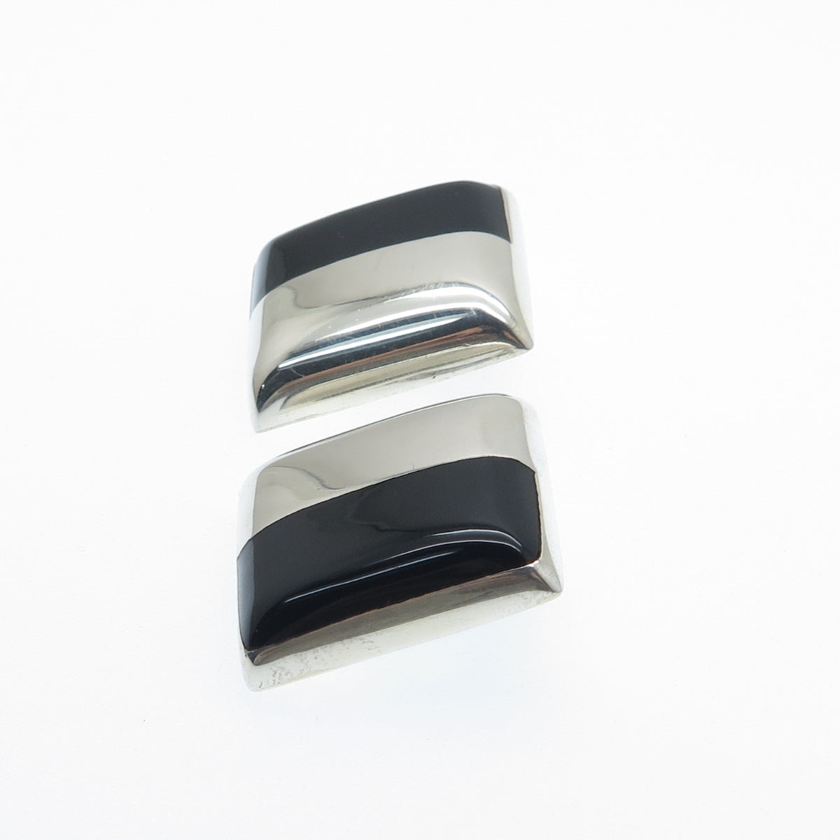 925 Sterling Silver Vintage Mexico Real Black Onyx Square Clip On Earrings