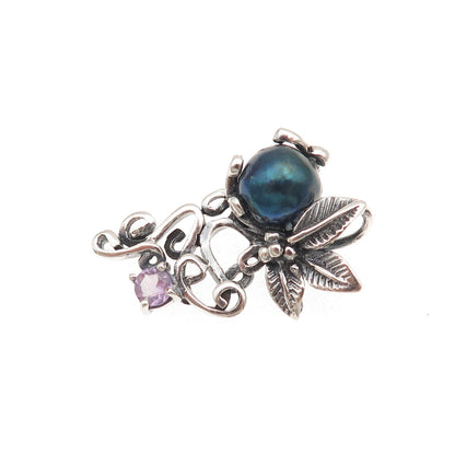 925 Sterling Silver Vintage Real Abalone Shell & Amethyst Floral Slide Pendant
