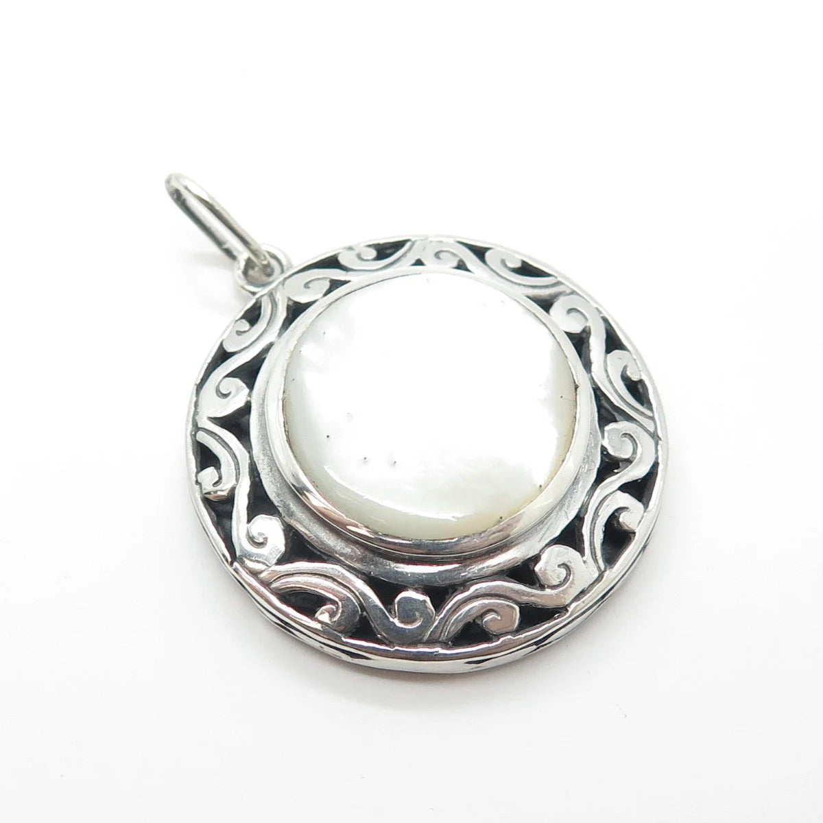 925 Sterling Silver Vintage Real Mother-of-Pearl Ornate Pendant