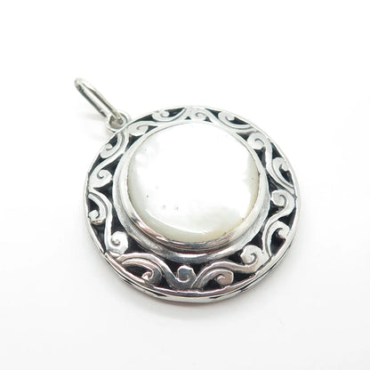 925 Sterling Silver Vintage Real Mother-of-Pearl Ornate Pendant