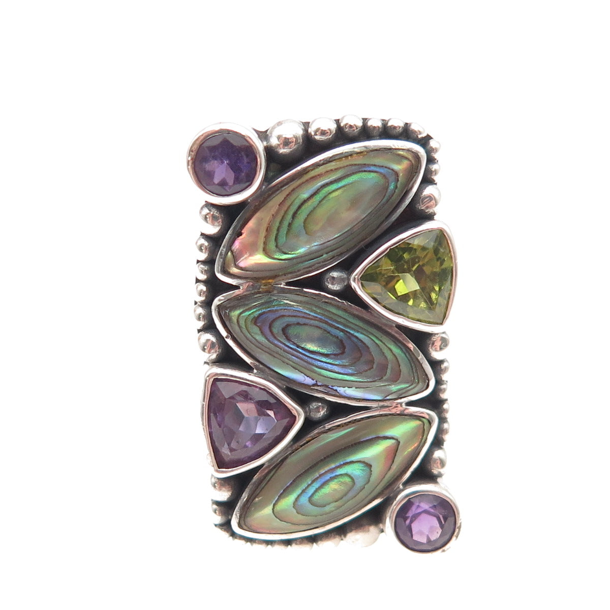 Sajen Sterling Silver Vintage Real Abalone Shell Amethyst Peridot Ring Size 5.25