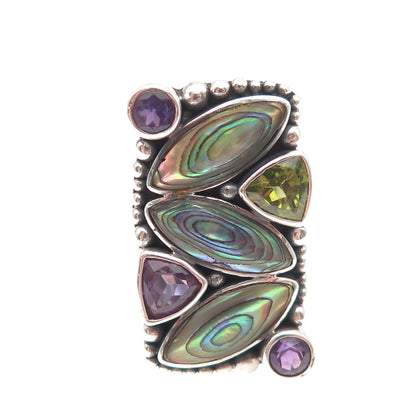 Sajen Sterling Silver Vintage Real Abalone Shell Amethyst Peridot Ring Size 5.25