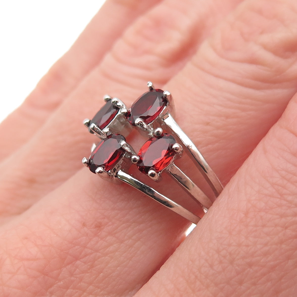 925 Sterling Silver Vintage Real Oval-Cut Red Garnet 3-Row Ring Size 7.5