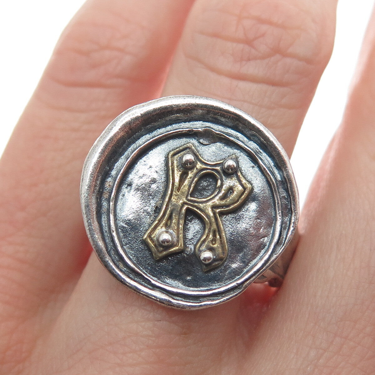 WAXING POETIC Sterling Silver 2-Tone Vintage Letter "R" Hammered Ring Size 8.25