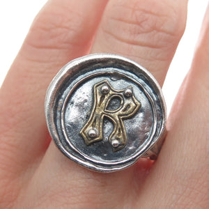 WAXING POETIC Sterling Silver 2-Tone Vintage Letter "R" Hammered Ring Size 8.25