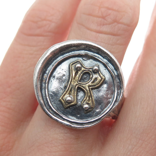 WAXING POETIC Sterling Silver 2-Tone Vintage Letter "R" Hammered Ring Size 8.25