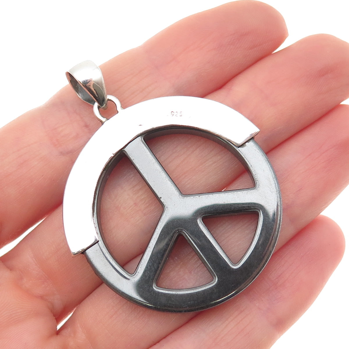 925 Sterling Silver Vintage Real Hematite Peace Symbol Charm Pendant